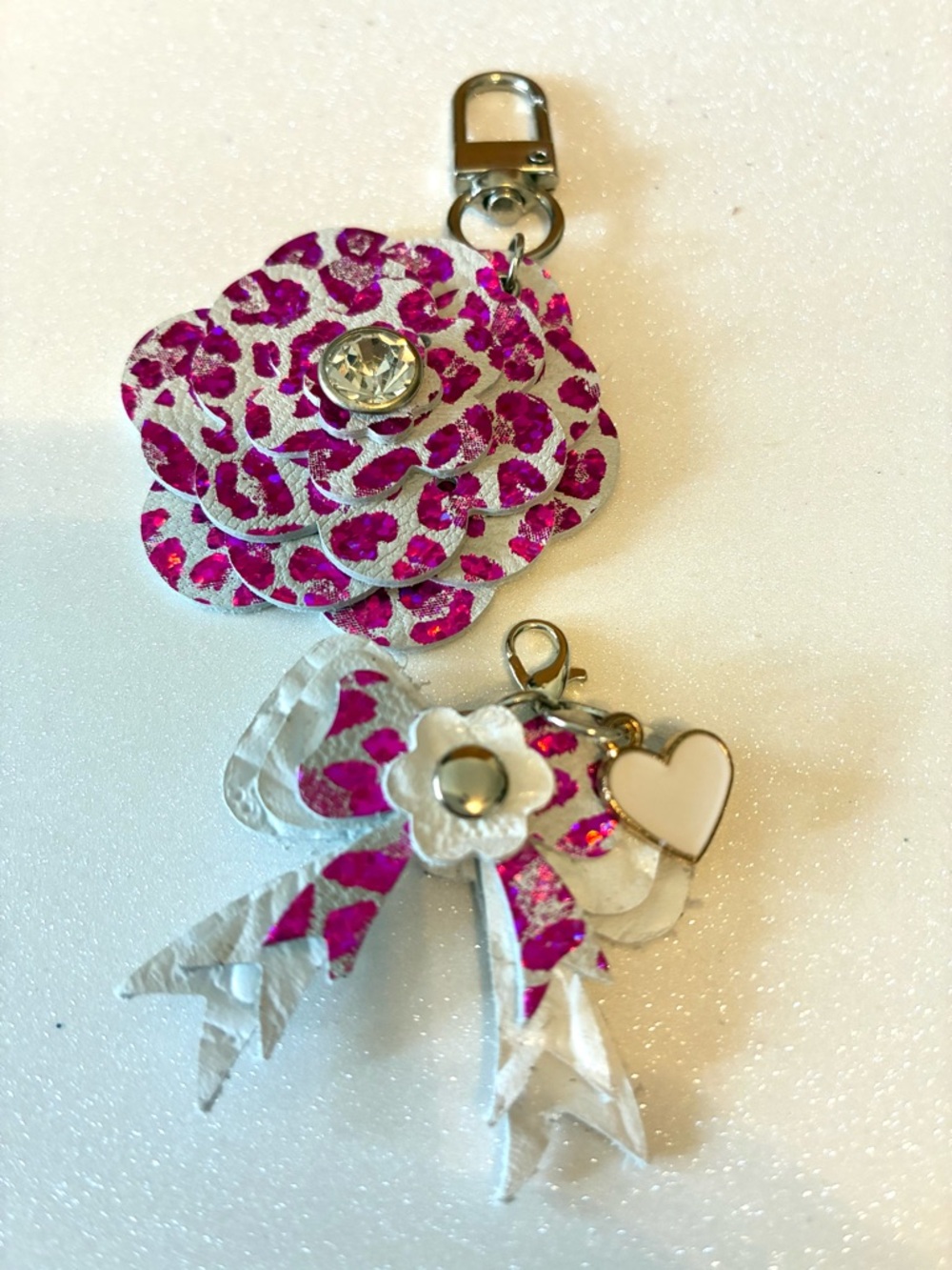 Pink Leopard leather Flower & Bow Keychain Charm/purse flair